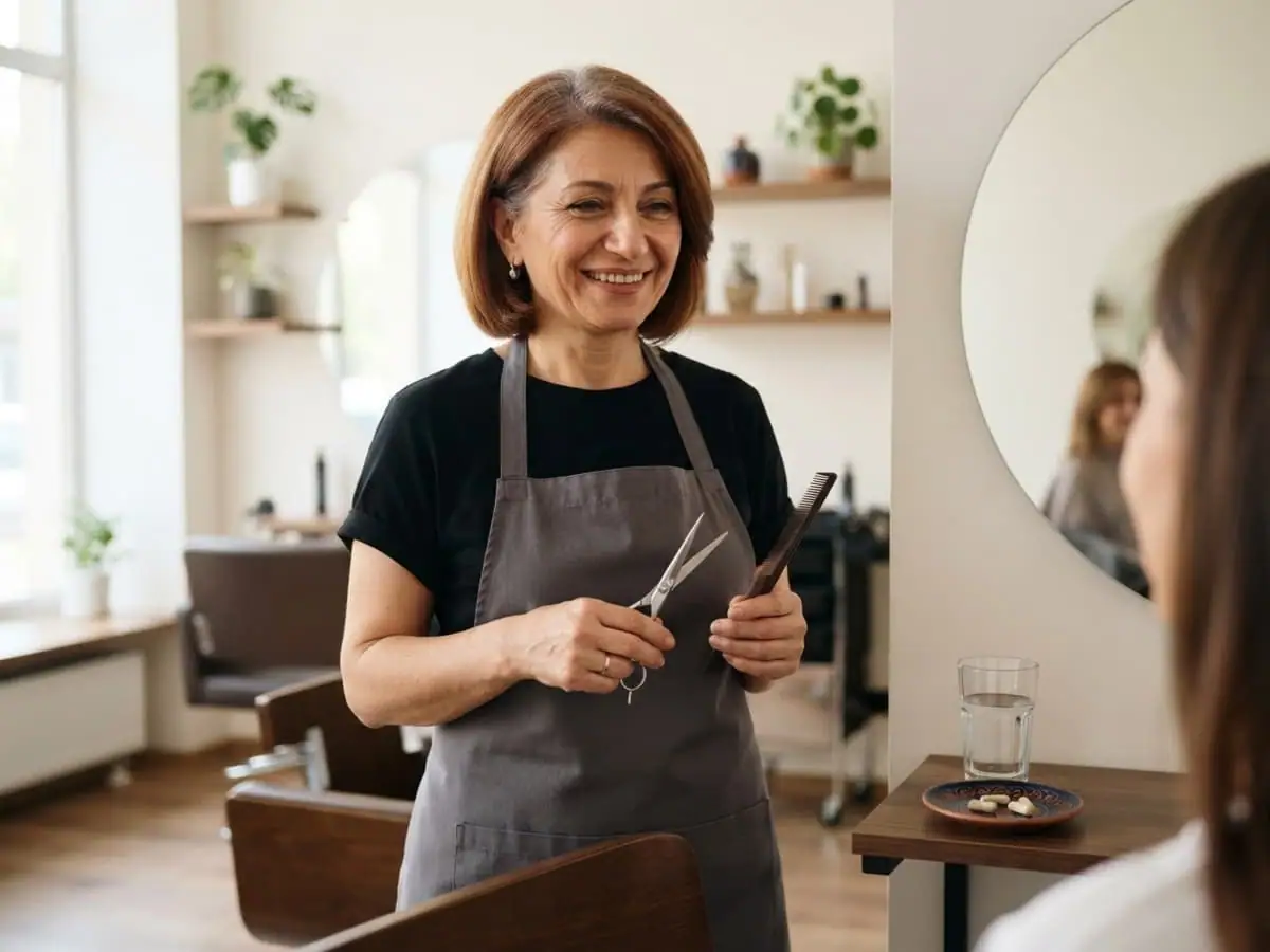 Վարսահարդարը սրահում հարդարում է հաճախորդի մազերը՝ մազերի զգույշ խնամք